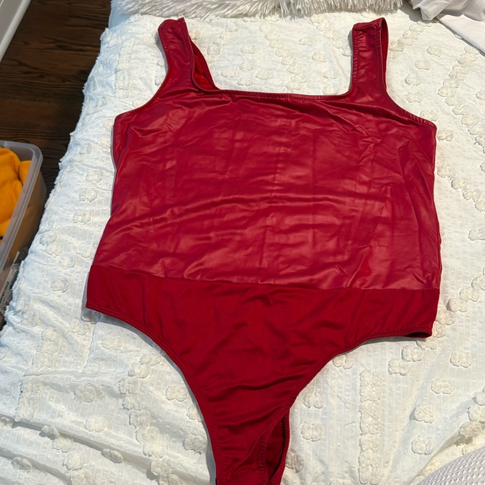 Red faux leather body suit